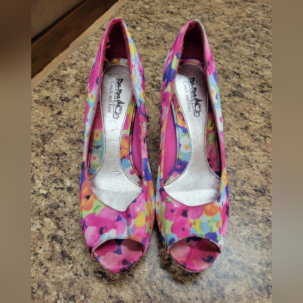 Coach And Four Multicolor Floral Peep Toe Heels